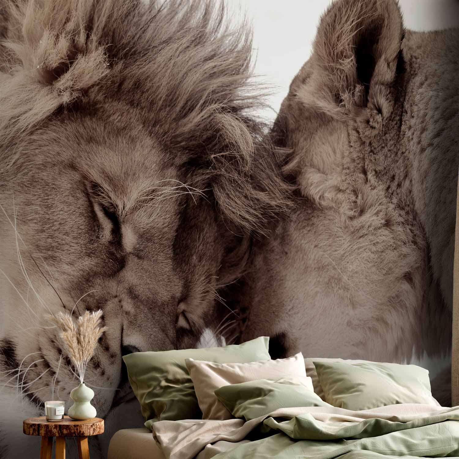 Sepia Lion and Cub Animal Wall Mural