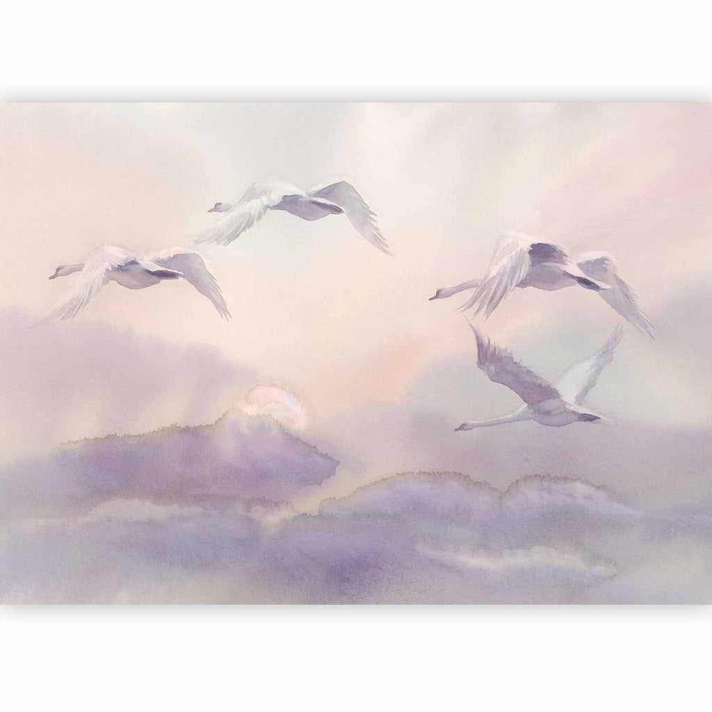 Flying Swans Watercolour Purple Wall Mural