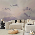 Flying Swans Watercolour Purple Wall Mural