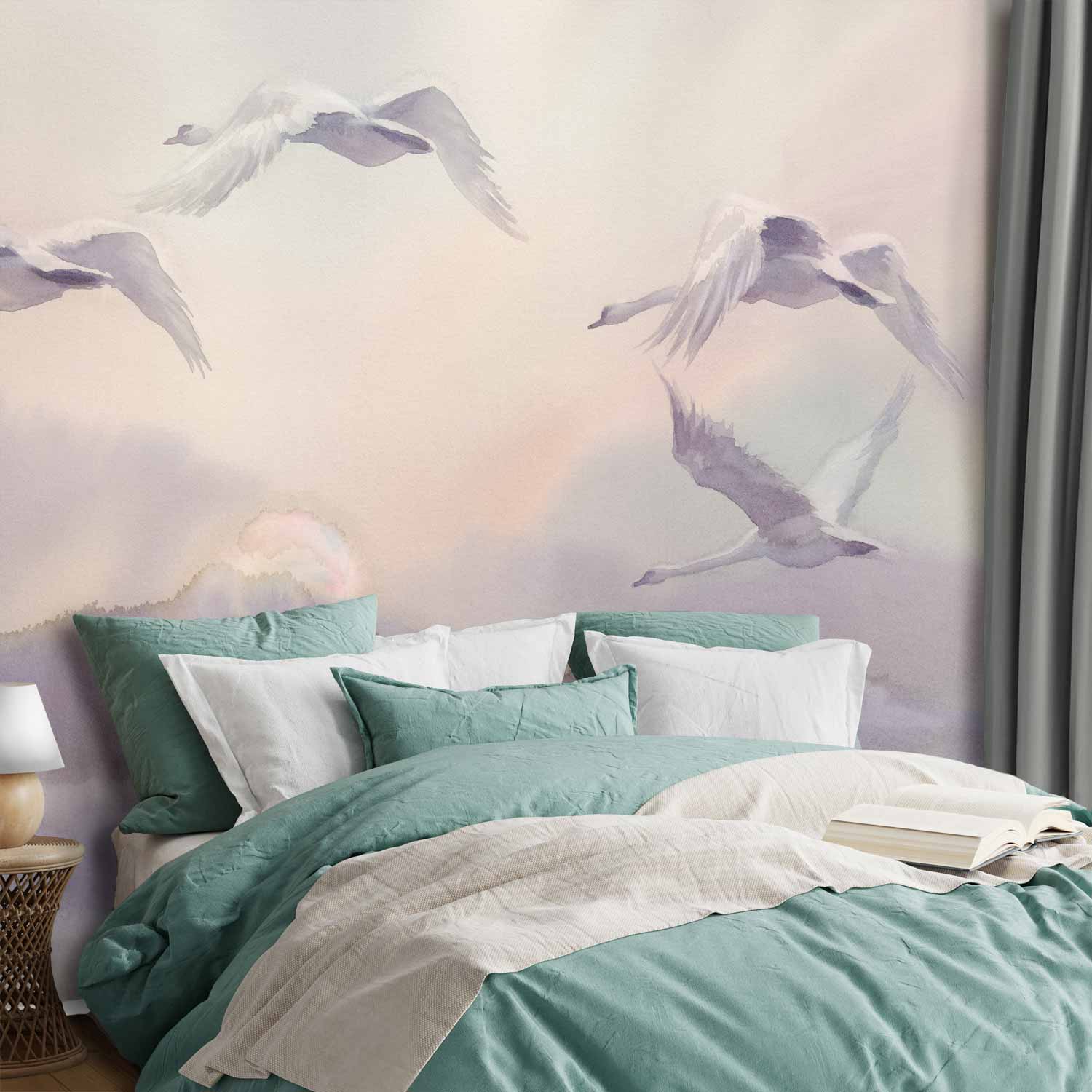 Flying Swans Watercolour Purple Wall Mural