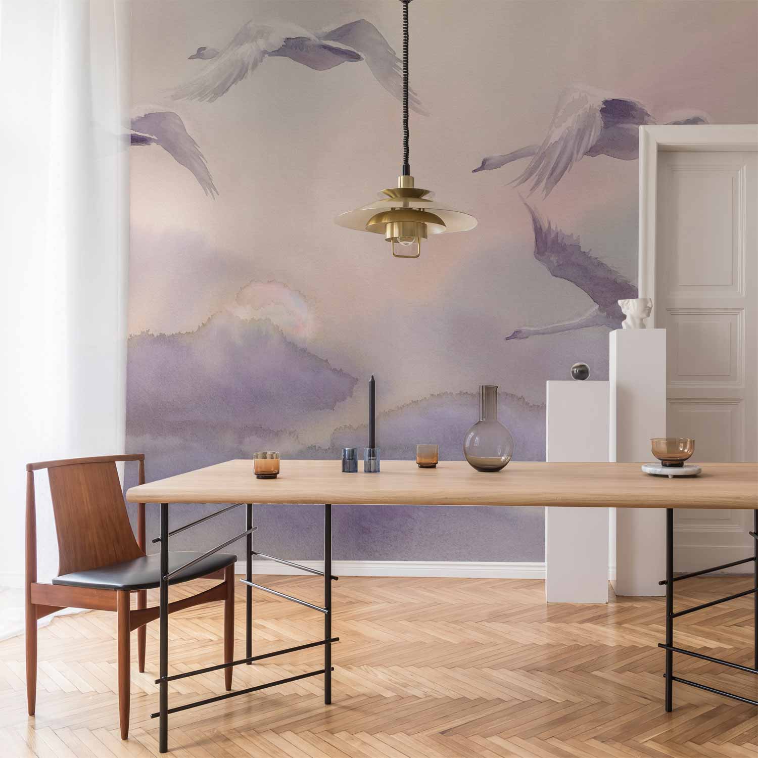 Flying Swans Watercolour Purple Wall Mural