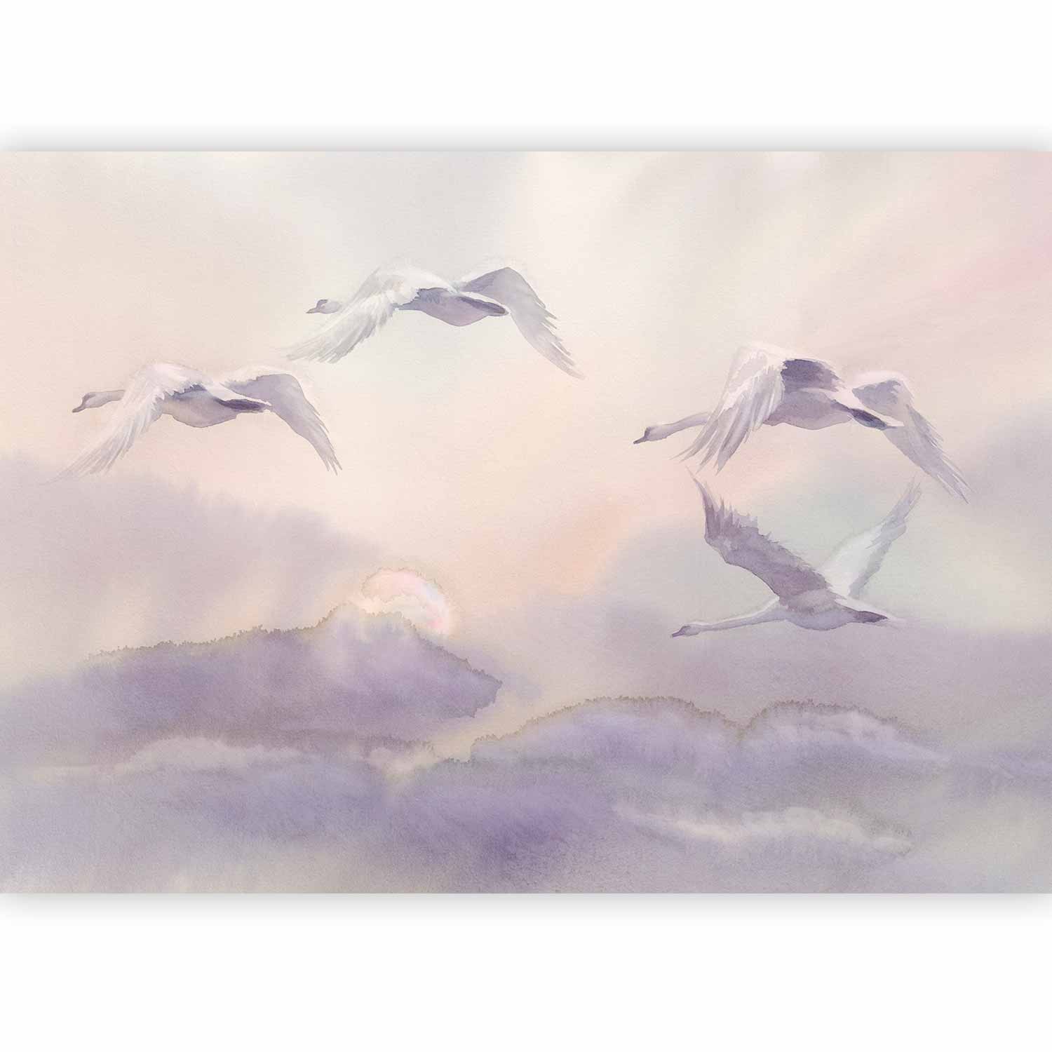 Flying Swans Watercolour Purple Wall Mural