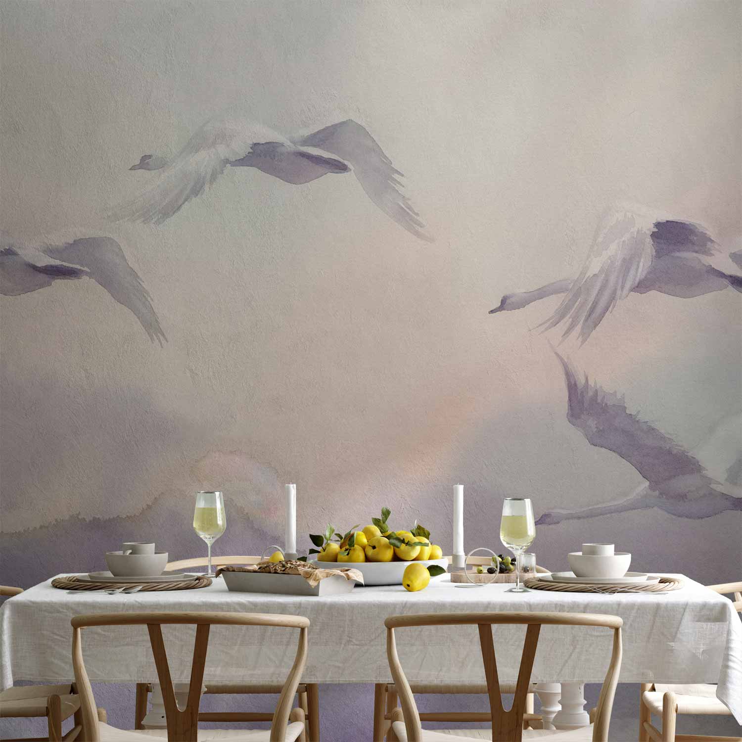 Flying Swans Watercolour Purple Wall Mural
