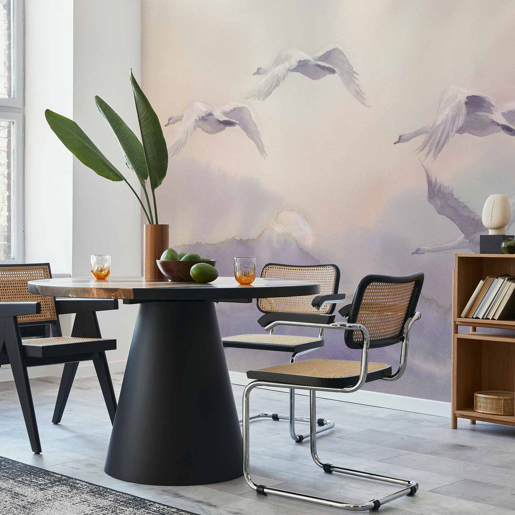 Flying Swans Watercolour Purple Wall Mural