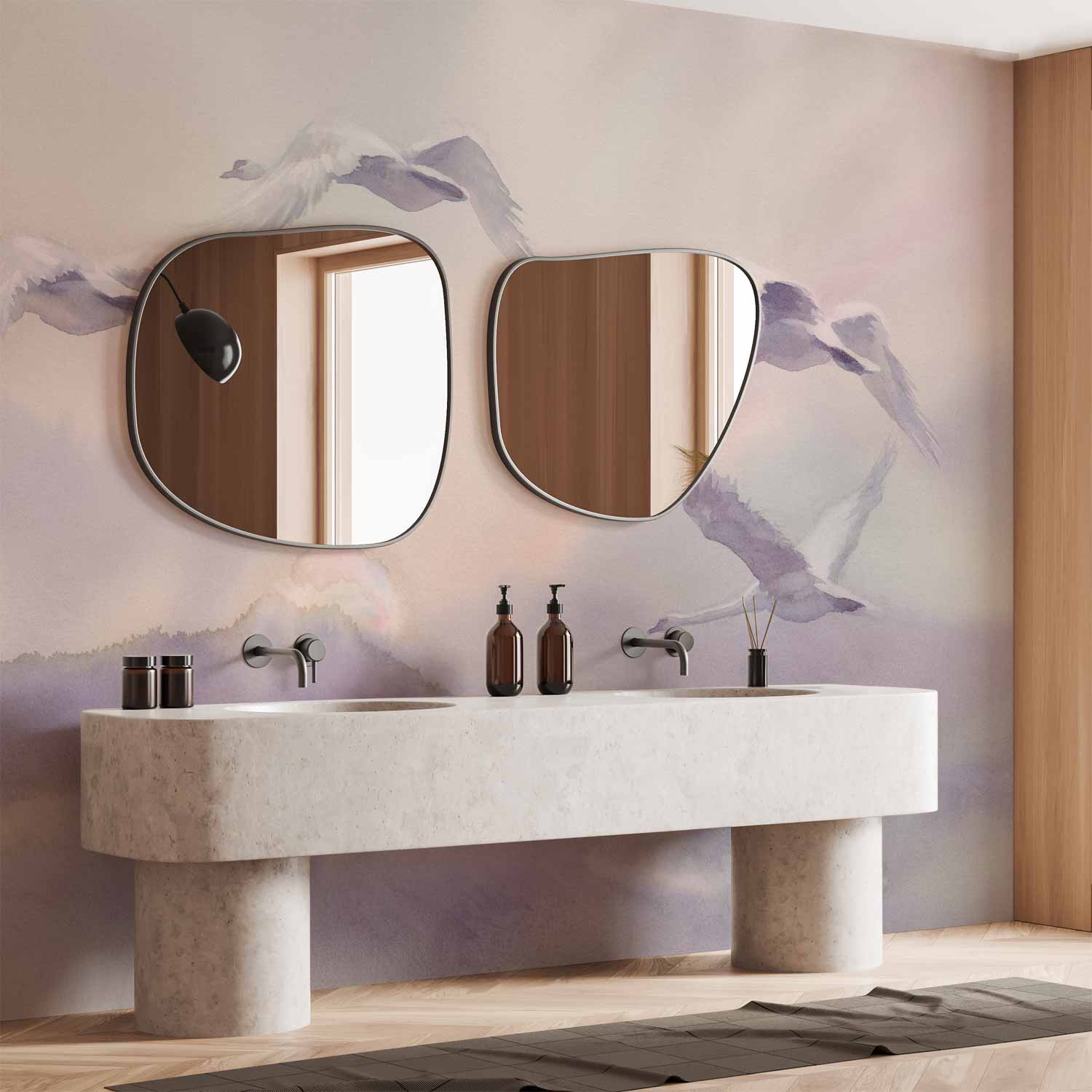 Flying Swans Watercolour Purple Wall Mural