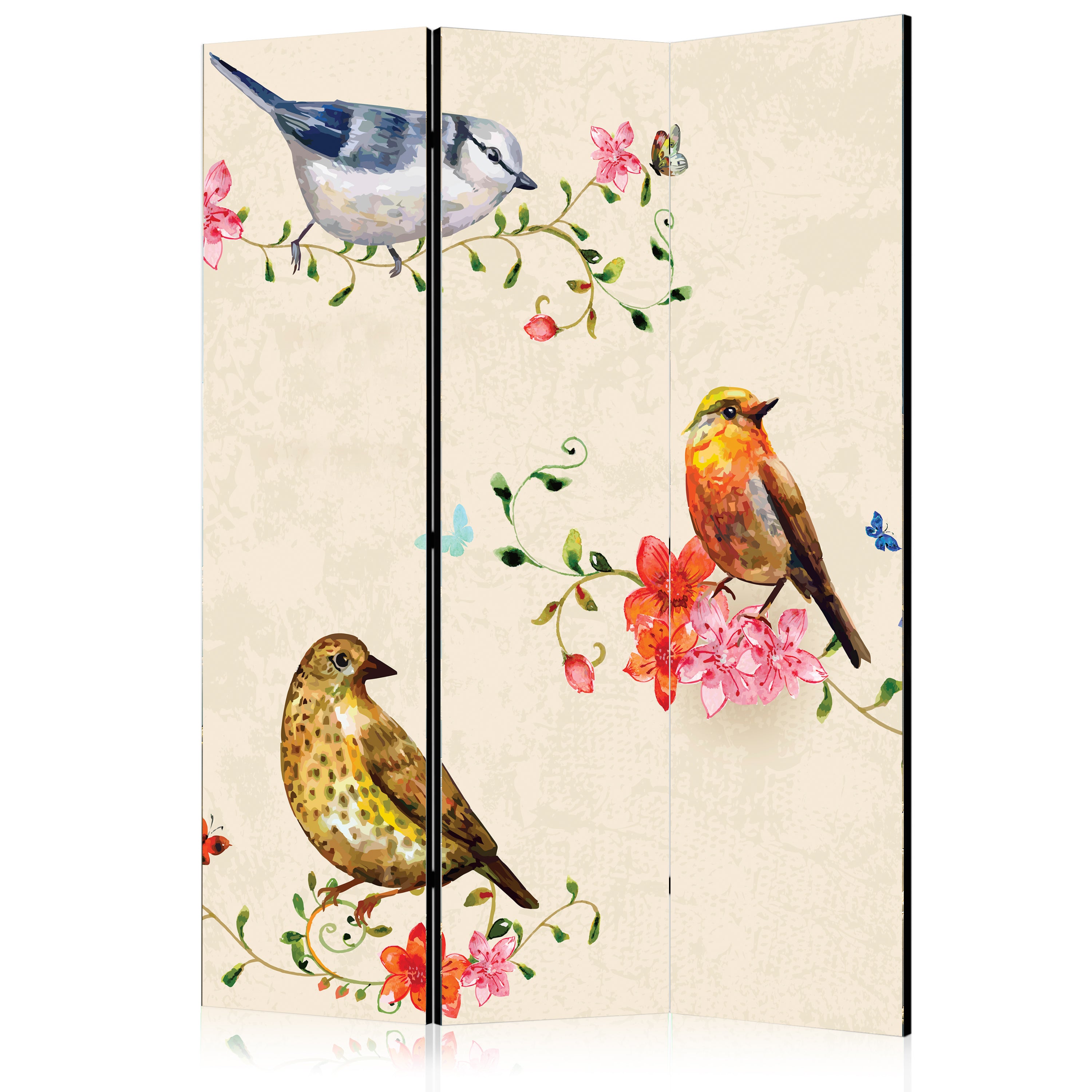 Vintage Bird and Floral Nature 3-Panel Room Divider