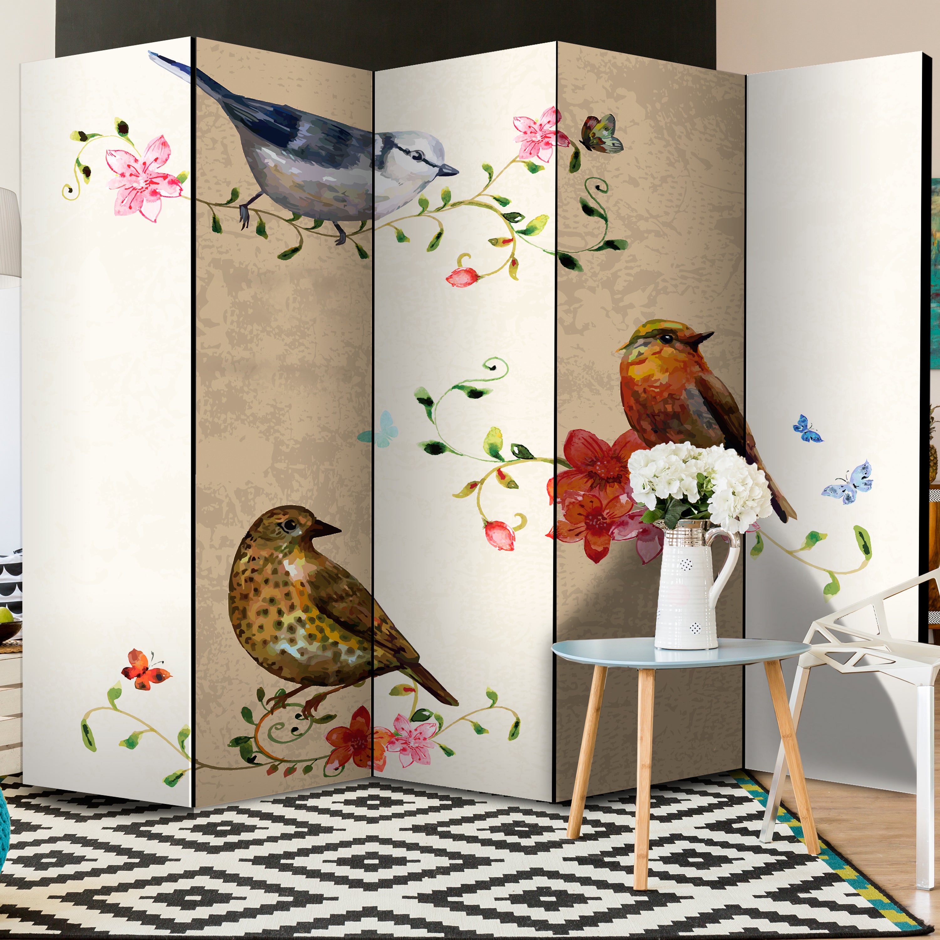 Vintage Birds and Flowers Nature 5-Panel Room Divider