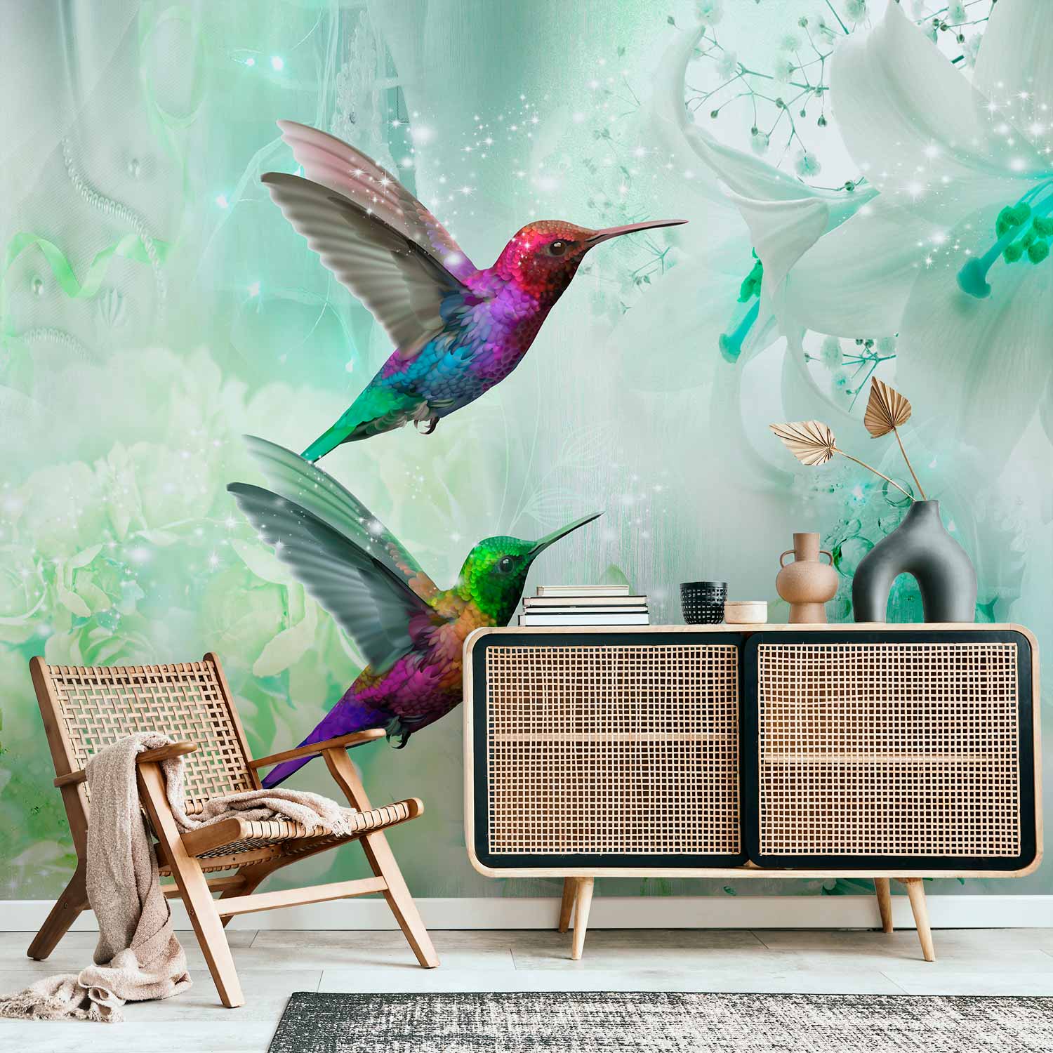 Colourful Hummingbirds Green Wall Mural