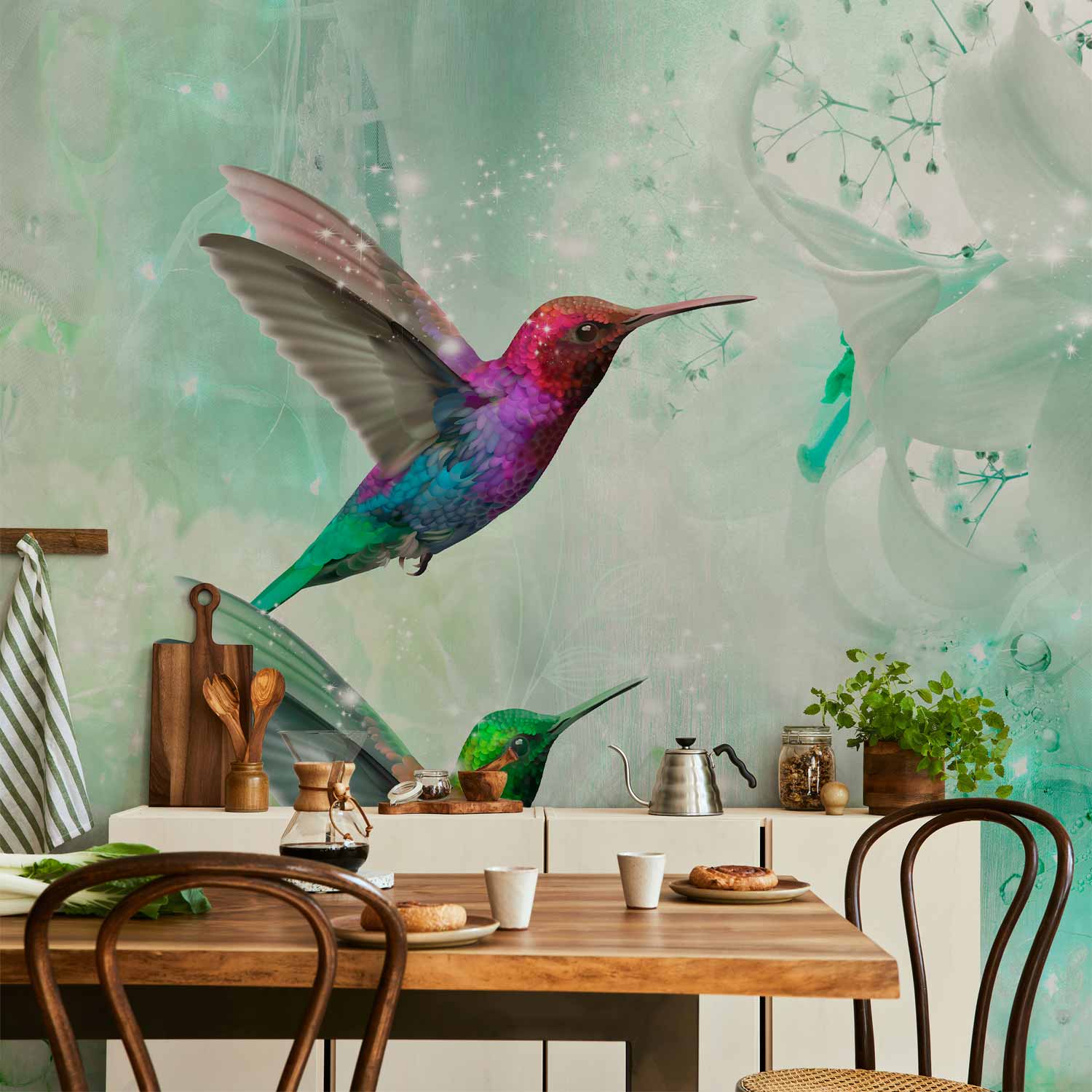 Colourful Hummingbirds Green Wall Mural