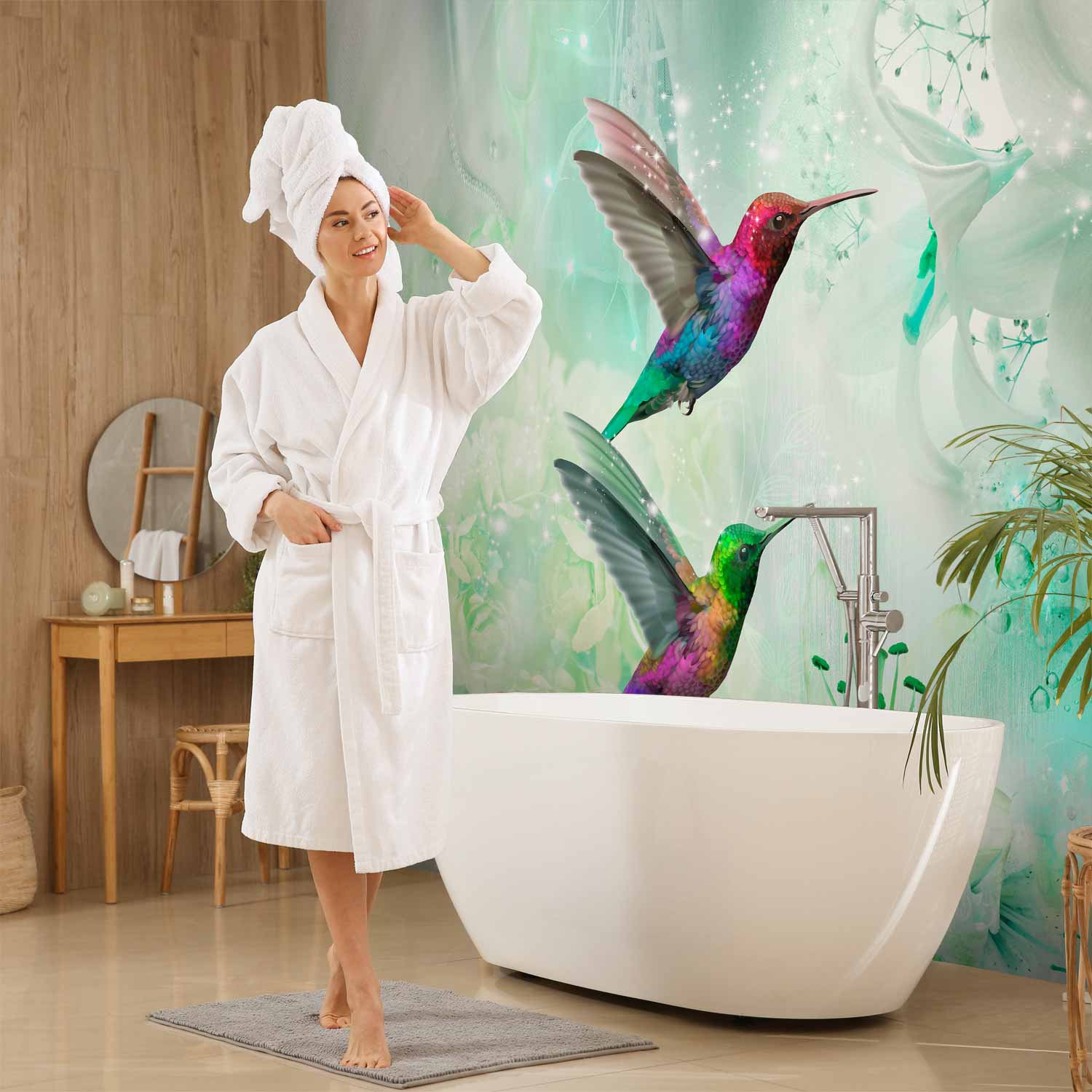 Colourful Hummingbirds Green Wall Mural