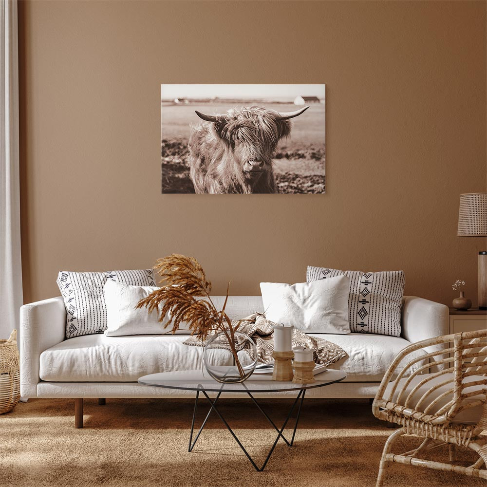 Scottish Cow Sepia Canvas Print