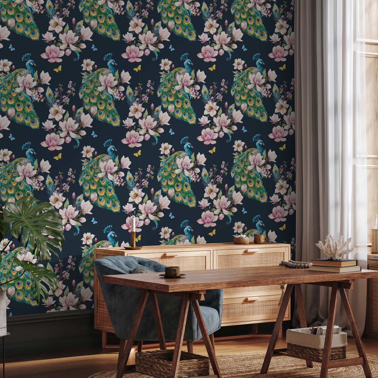 Magnolias and Peacocks Floral Nature Wallpaper