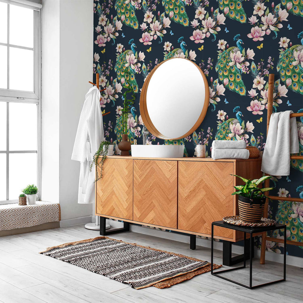Magnolias and Peacocks Floral Nature Wallpaper