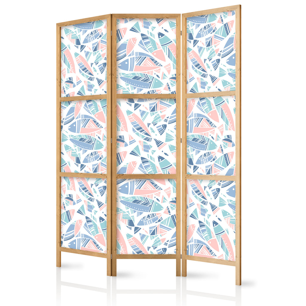 Japanese Room Divider - Fish in Minimalist Style - Fish in Aztec Style in Pastel Color Shades on a White Background