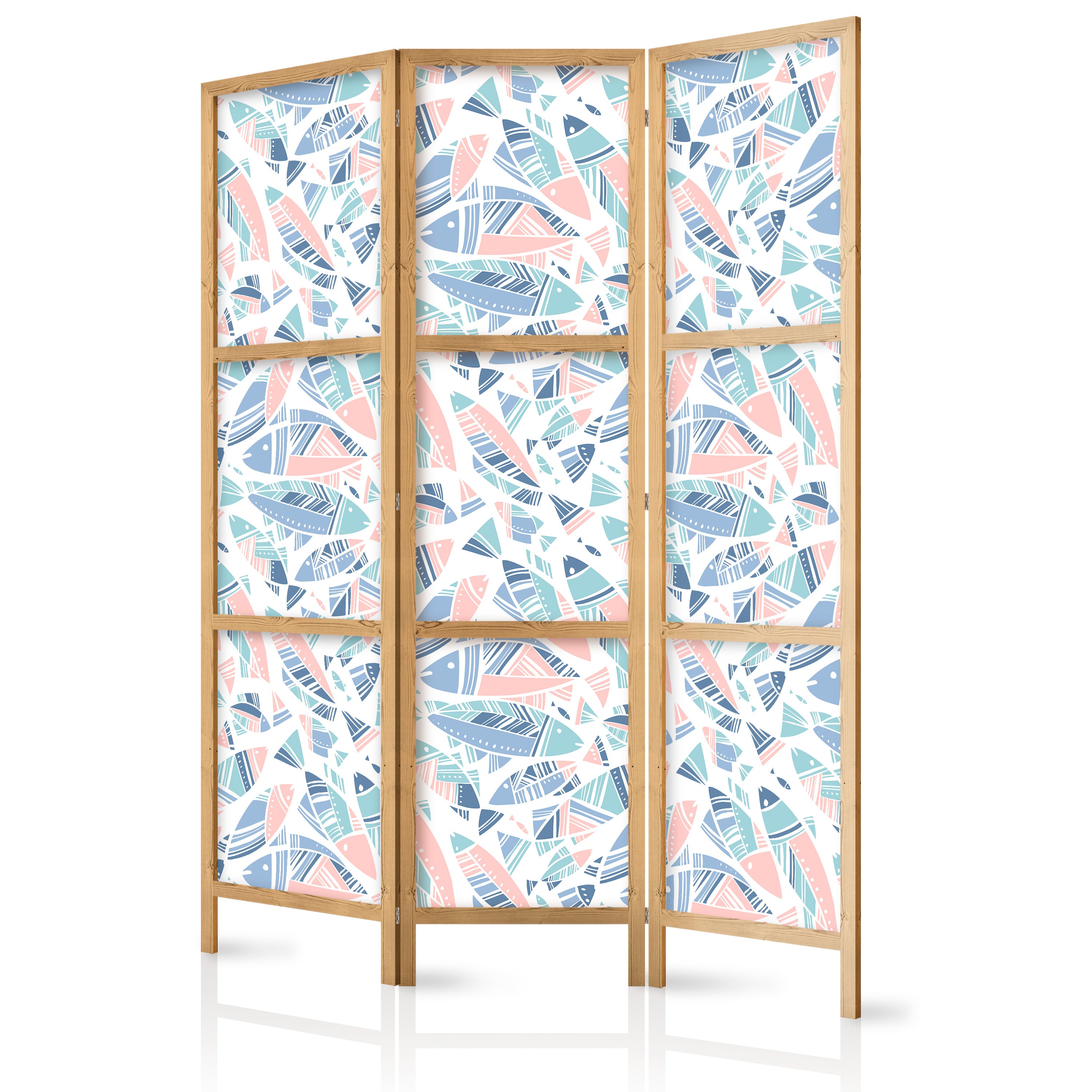 Japanese Room Divider - Fish in Minimalist Style - Fish in Aztec Style in Pastel Color Shades on a White Background