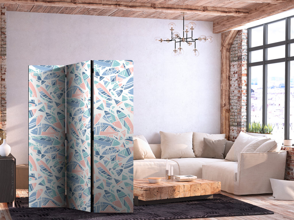 Room Divider Fish Motif in Minimalist and Aztec Pastel Tones on White