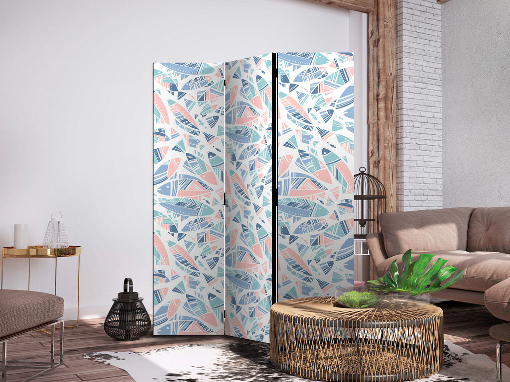 Room Divider Fish Motif in Minimalist and Aztec Pastel Tones on White