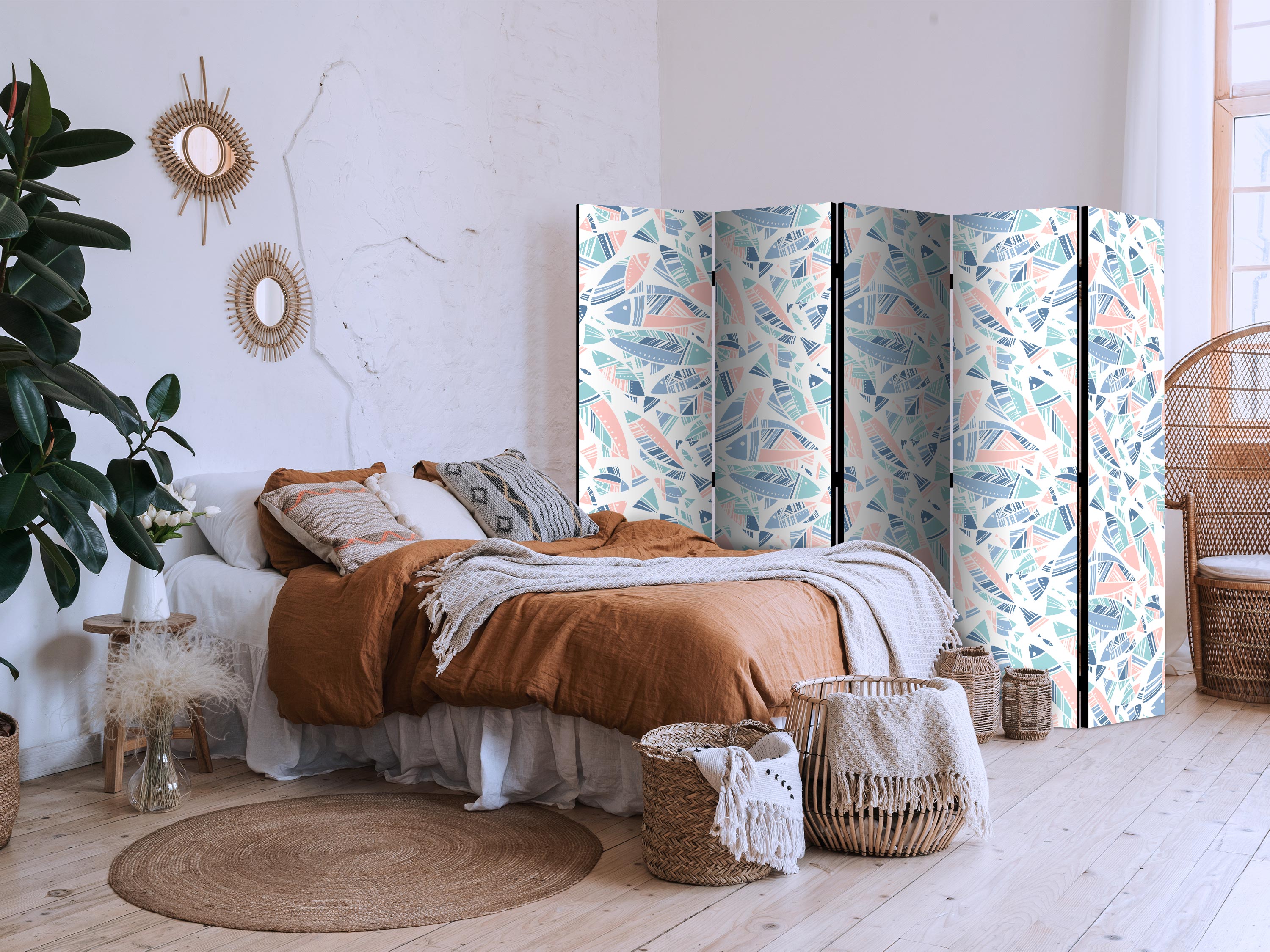 Room Divider with Fish Motif in Minimalist Pastel Tones