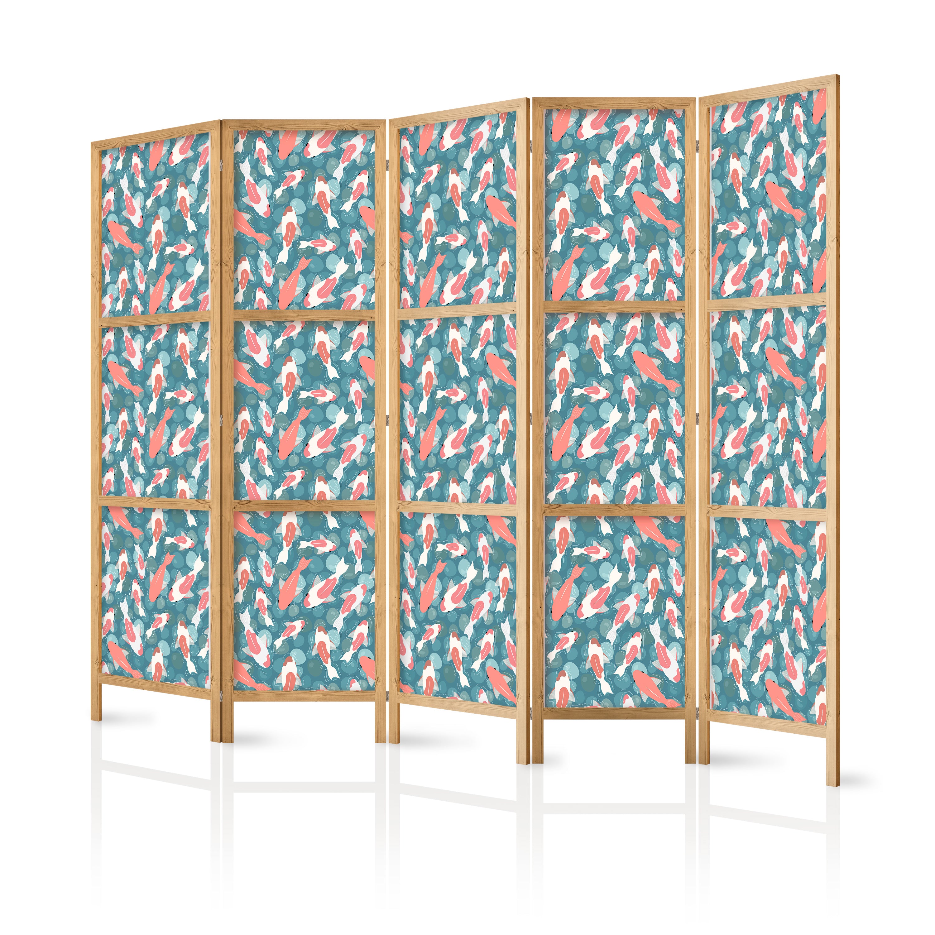 Japanese Room Divider - Oriental Pond with Fish Motif - 5-Panel Screen