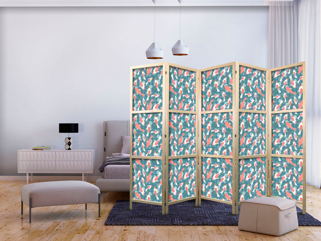 Japanese Room Divider - Oriental Pond with Fish Motif - 5-Panel Screen