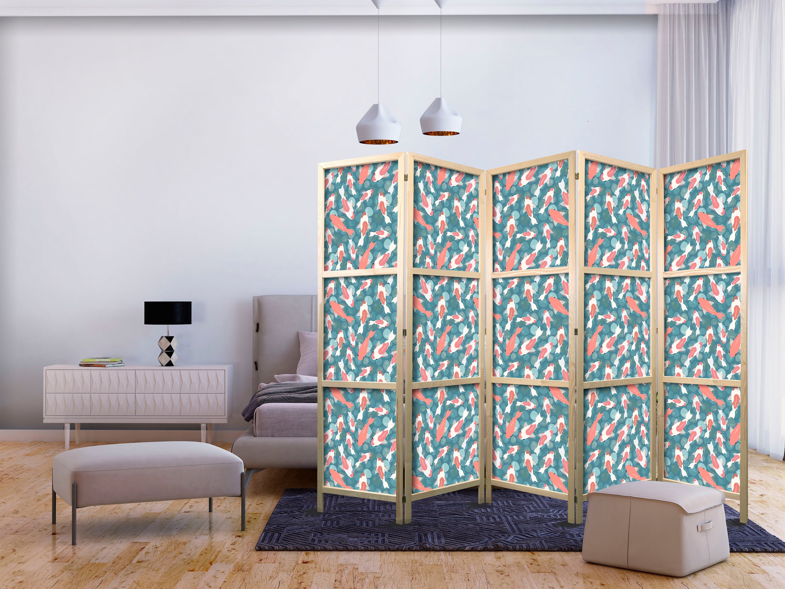 Japanese Room Divider - Oriental Pond with Fish Motif - 5-Panel Screen