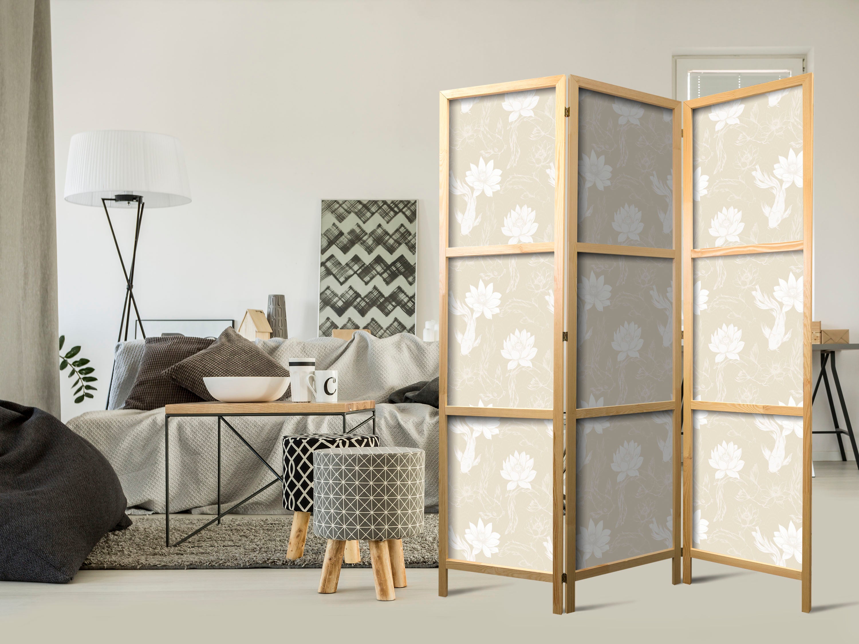 Japanese Room Divider with Fish and Water Lilies