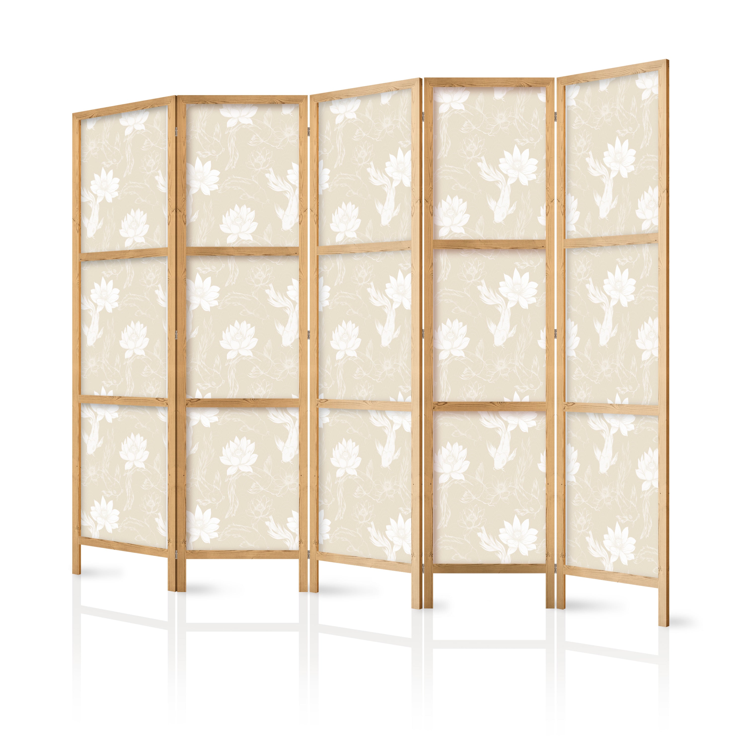 Japanese Room Divider - Fish and Water Lilies - 5-panel Beige/White