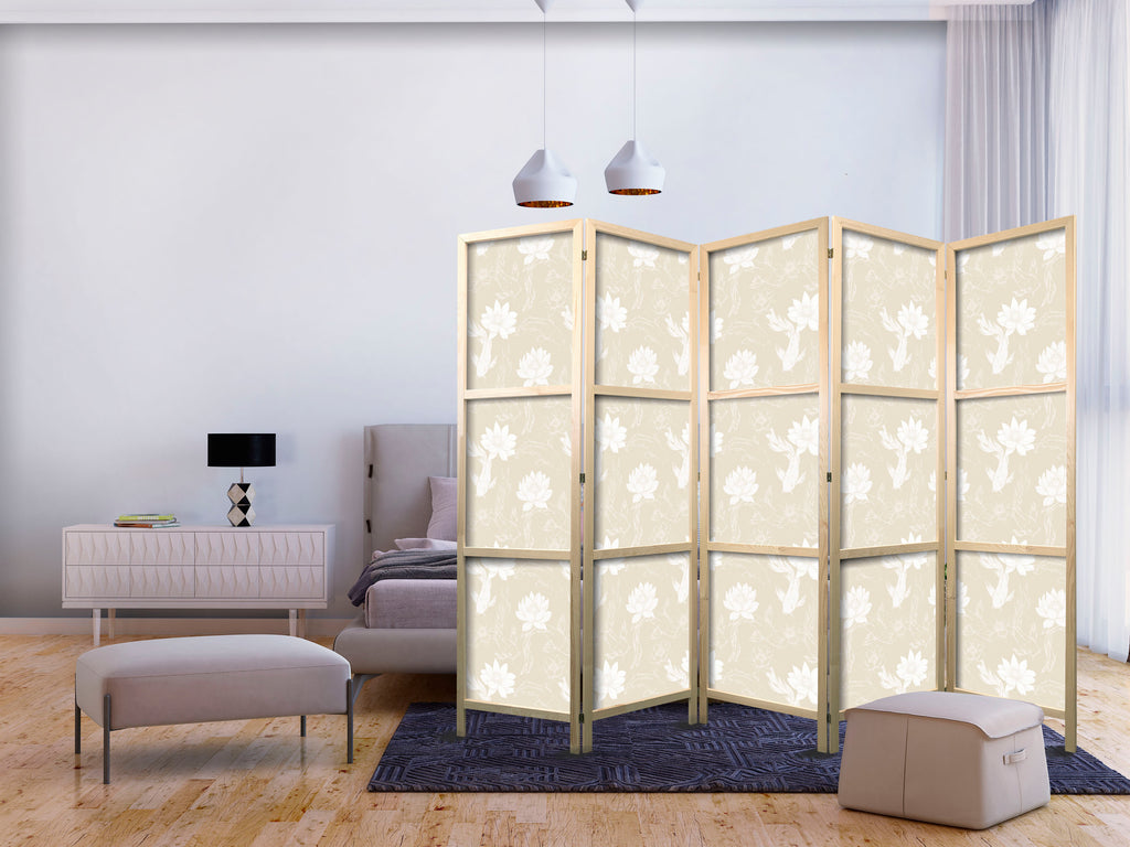 Japanese Room Divider - Fish and Water Lilies - 5-panel Beige/White