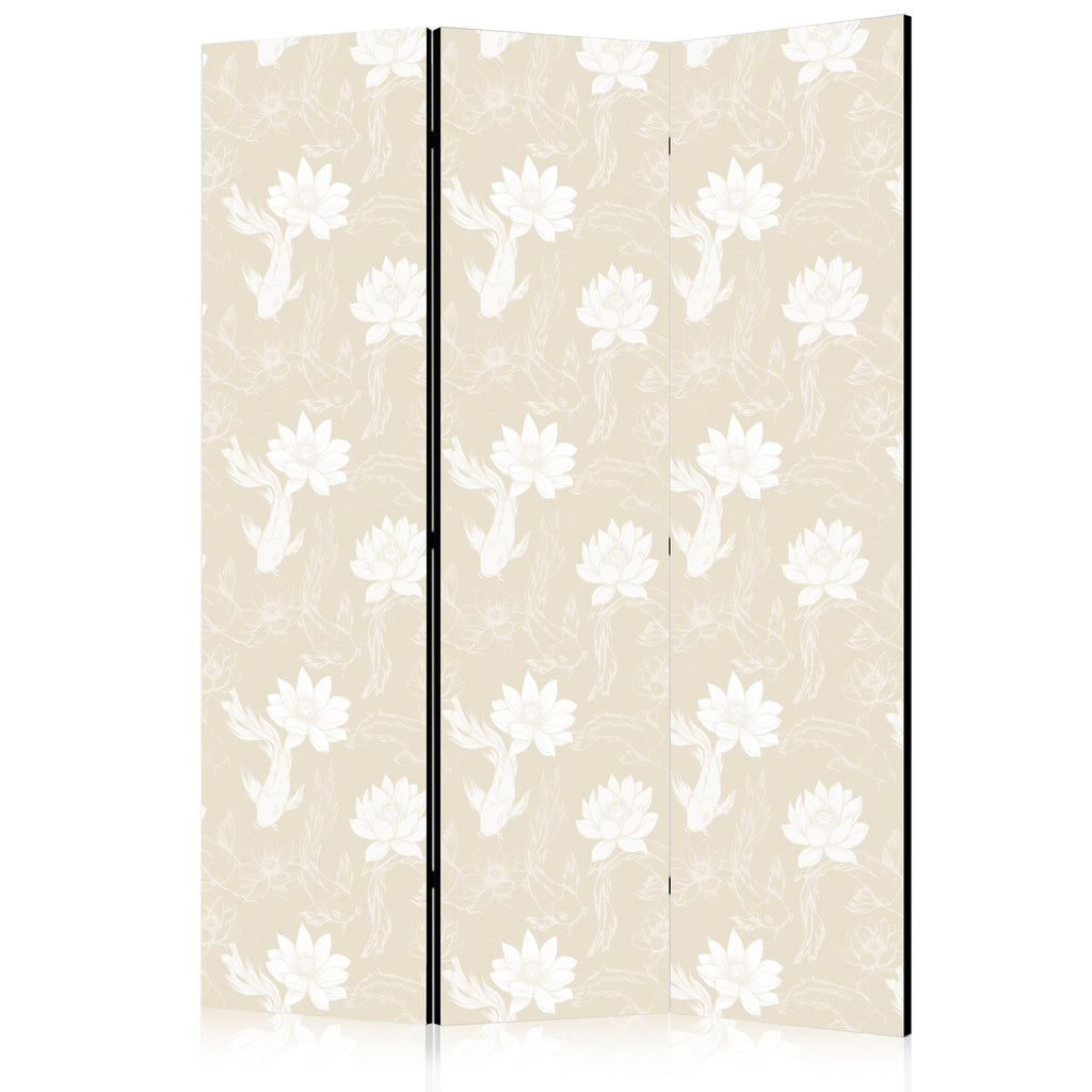 Room Divider 3-Panel Animal Design: Fish and Water Lilies (Beige, White)
