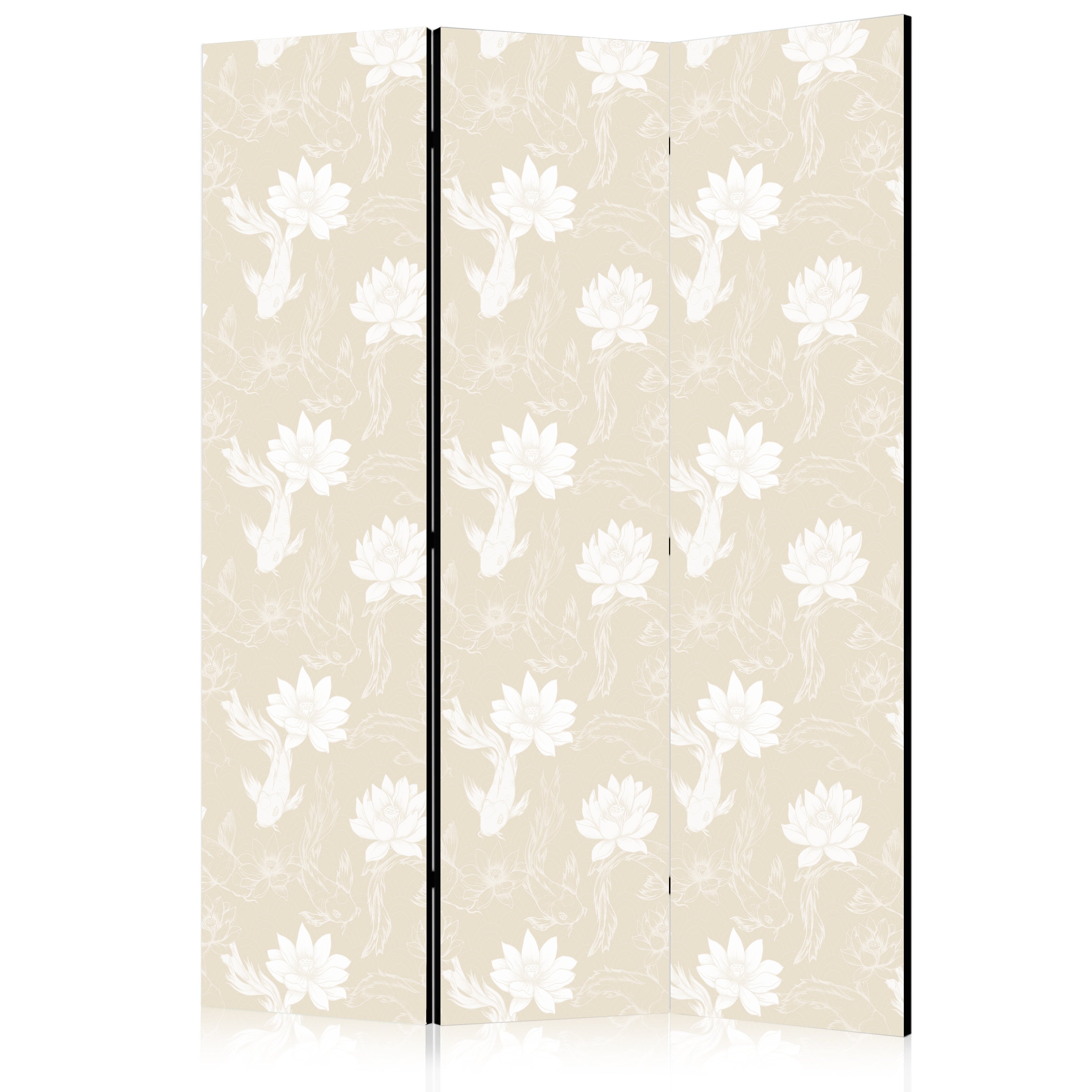 Room Divider 3-Panel Animal Design: Fish and Water Lilies (Beige, White)