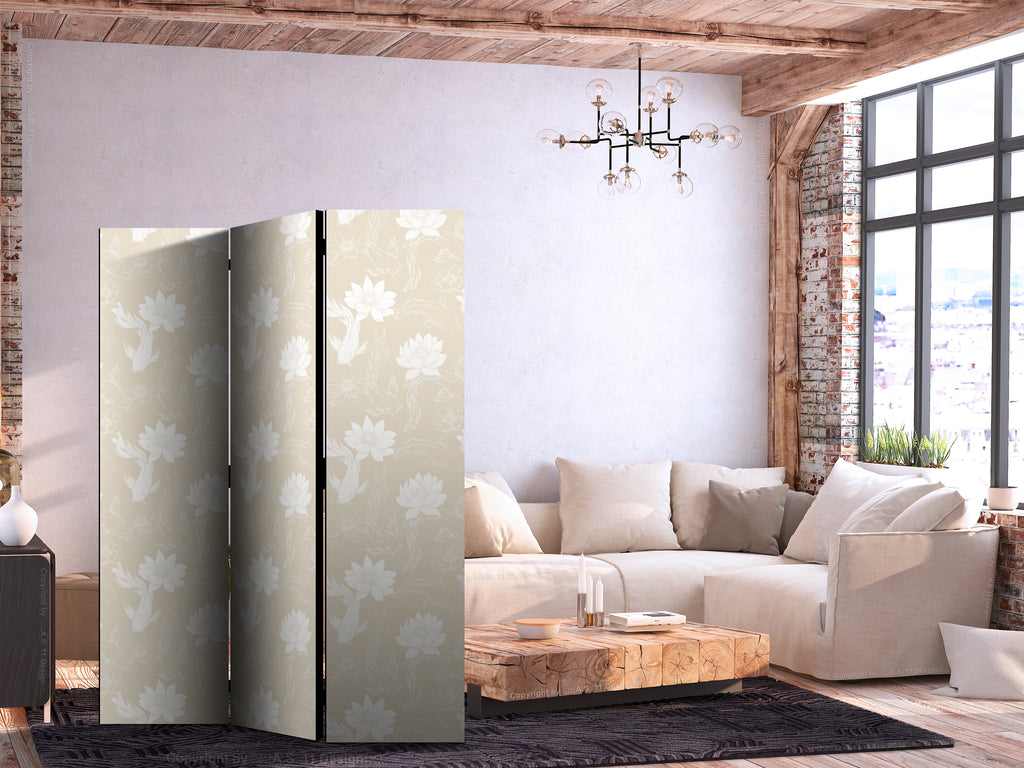 Room Divider 3-Panel Animal Design: Fish and Water Lilies (Beige, White)