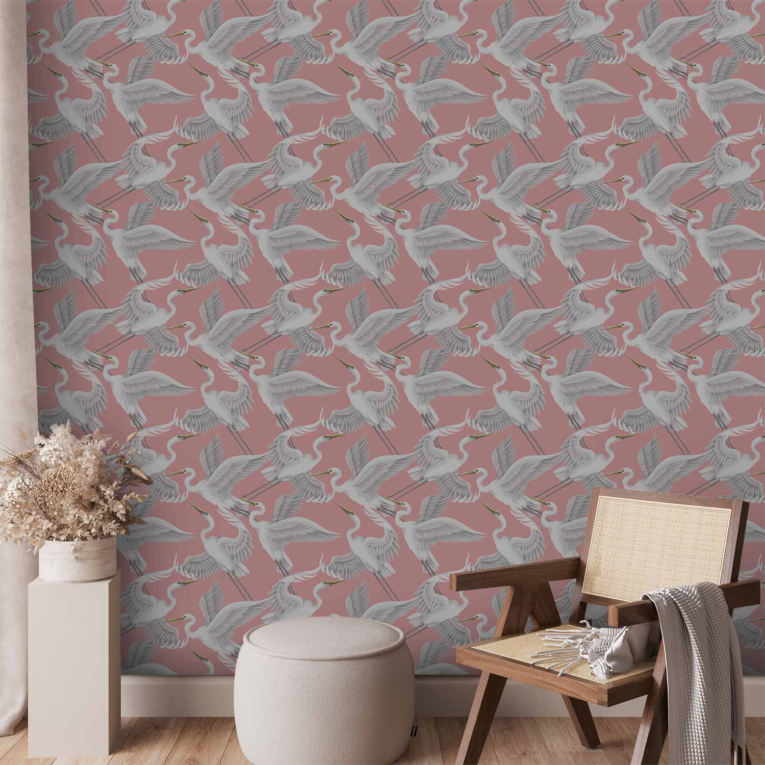 Pastel Herons Pink Japandi Wallpaper