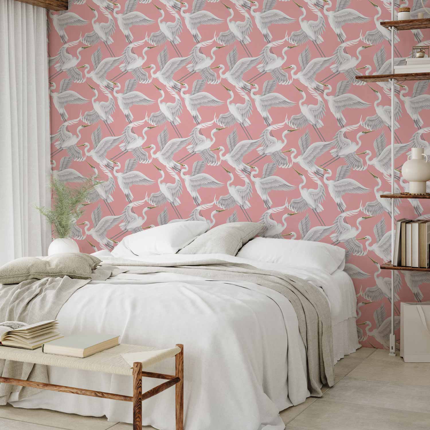 Pastel Herons Pink Japandi Wallpaper