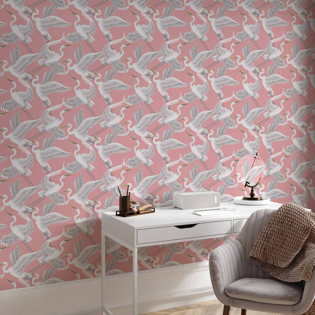 Pastel Herons Pink Japandi Wallpaper