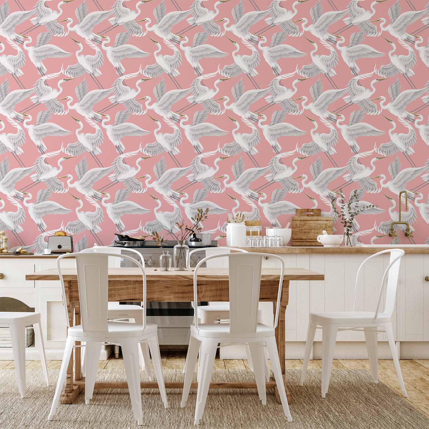 Pastel Herons Pink Japandi Wallpaper