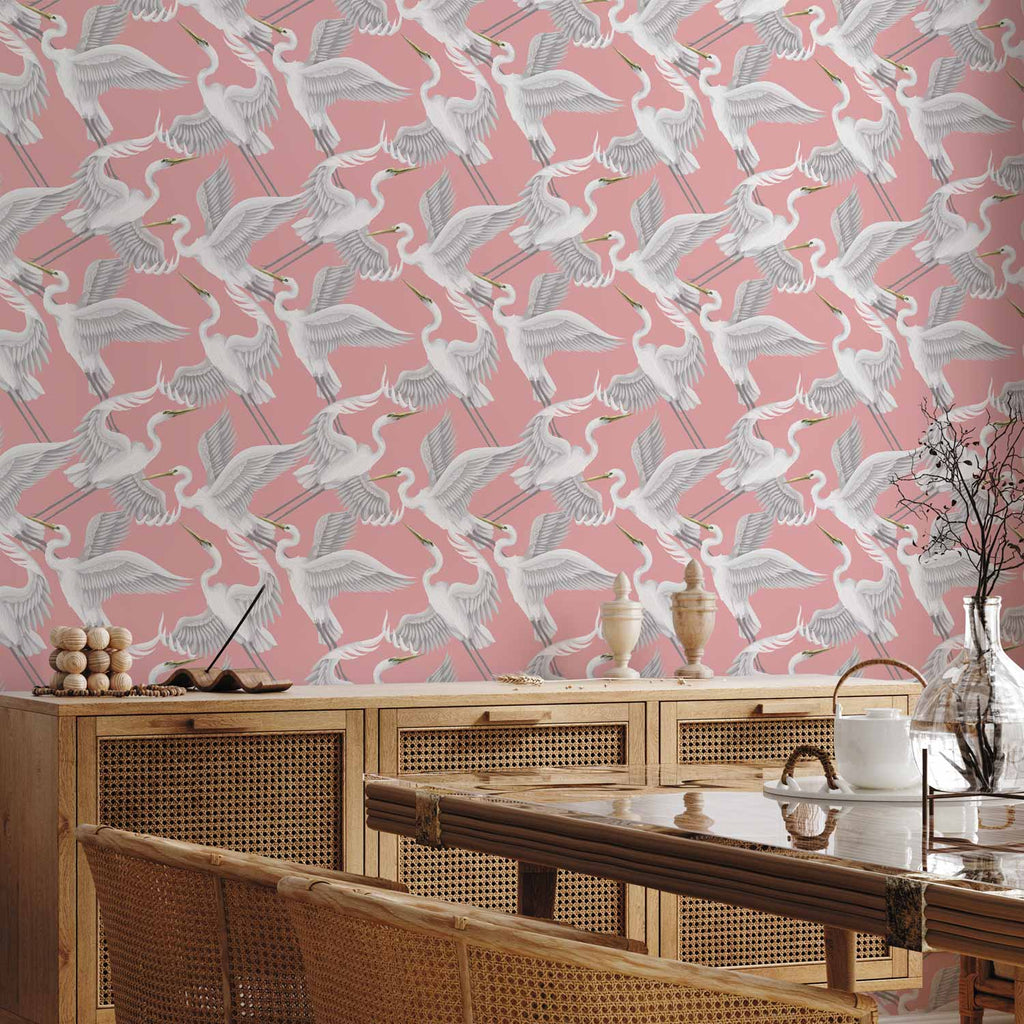 Pastel Herons Pink Japandi Wallpaper