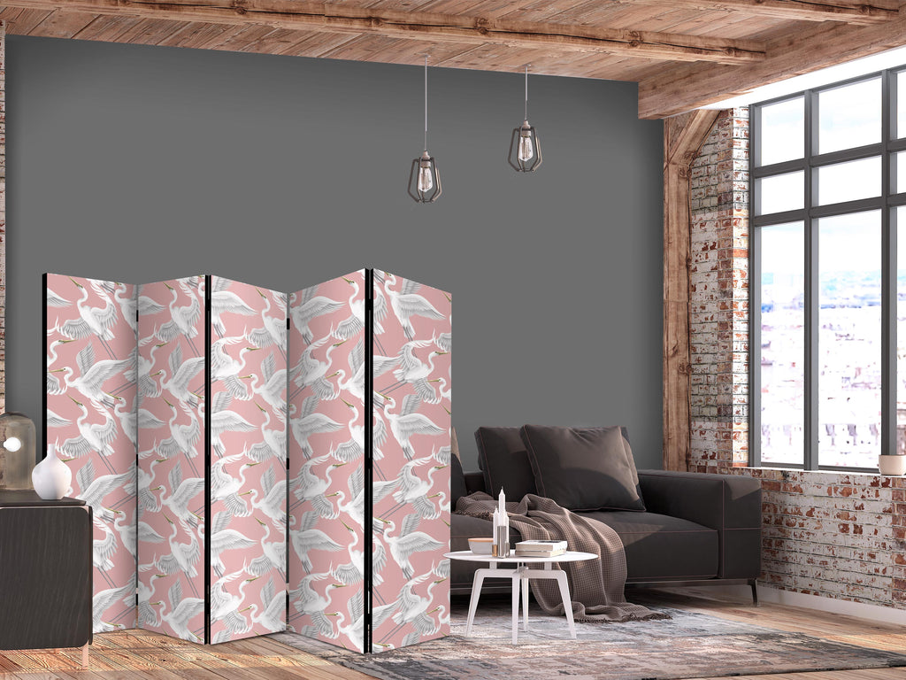 Pastel Herons Pink 5-Panel Japanese Room Divider