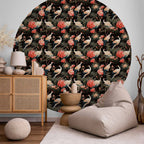 Crane and Peony Silhouette Dark Round Wall Mural