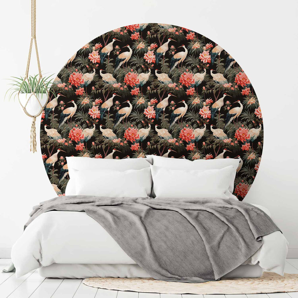 Crane and Peony Silhouette Dark Round Wall Mural