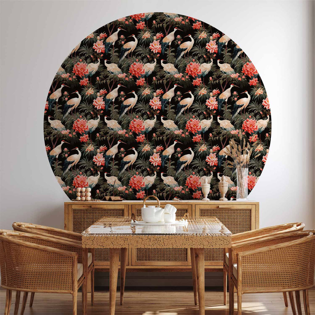 Crane and Peony Silhouette Dark Round Wall Mural