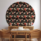 Crane and Peony Silhouette Dark Round Wall Mural