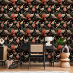 Crane and Peony Silhouette Dark Background Wallpaper