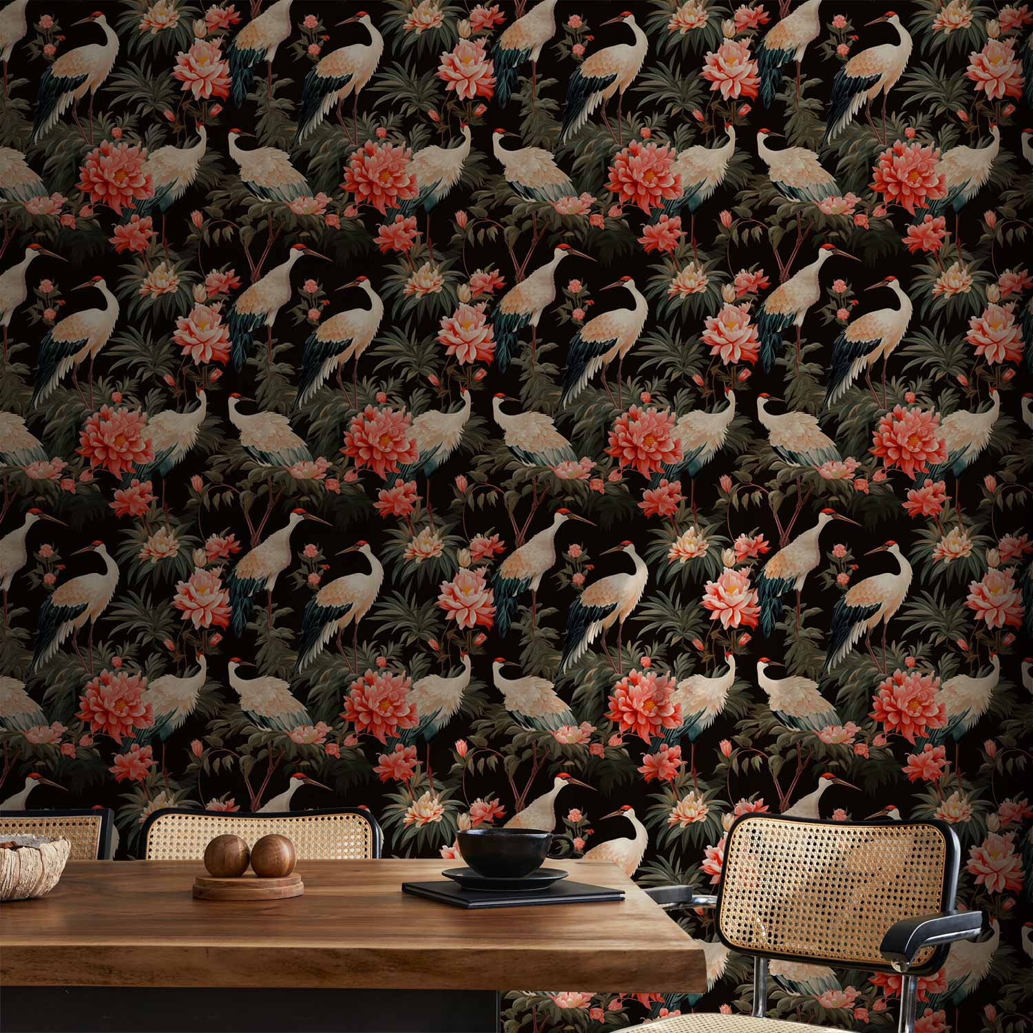 Crane and Peony Silhouette Dark Background Wallpaper