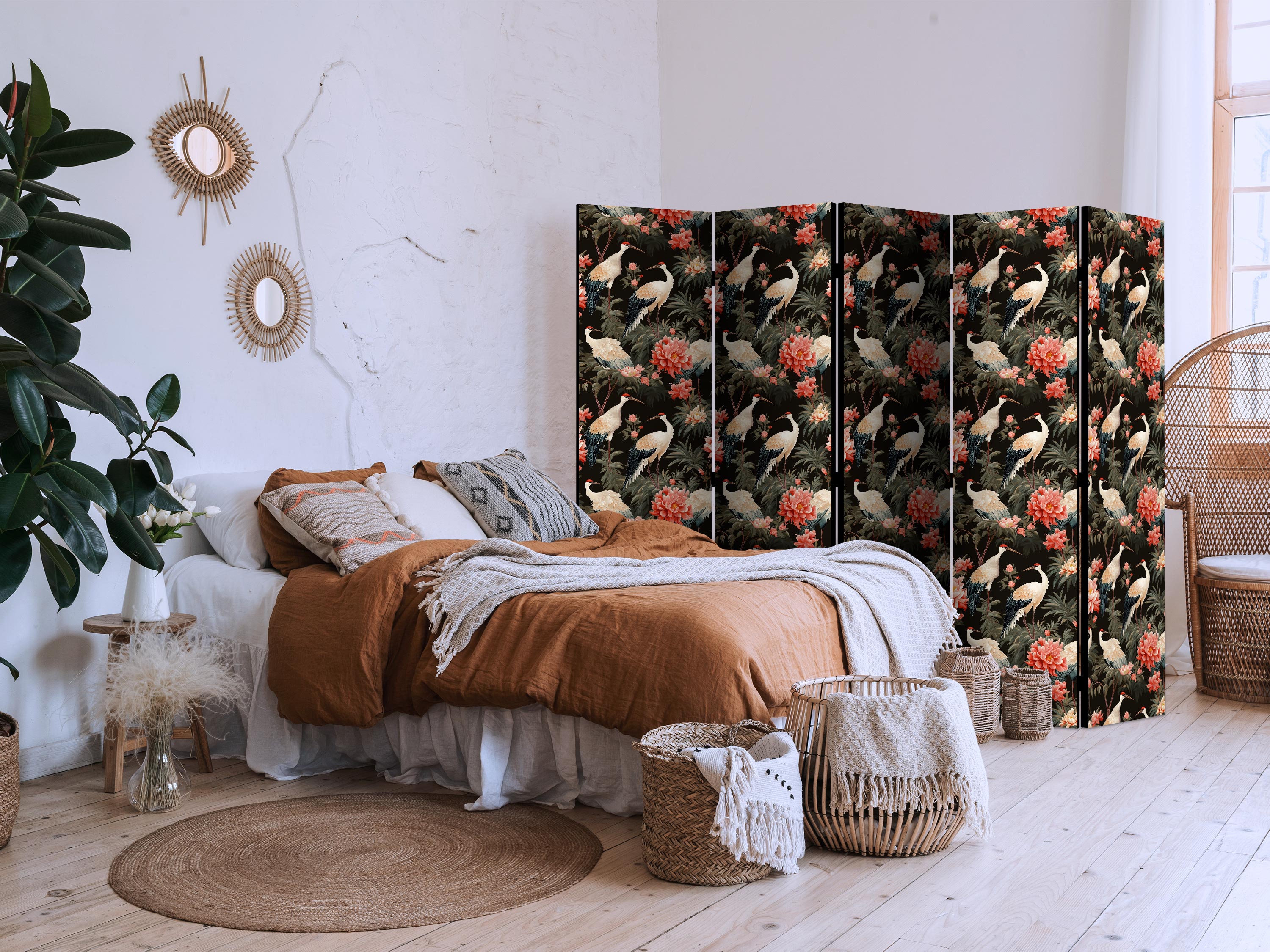 Cranes and Peonies Dark Ornament 5-Panel Japanese Room Divider