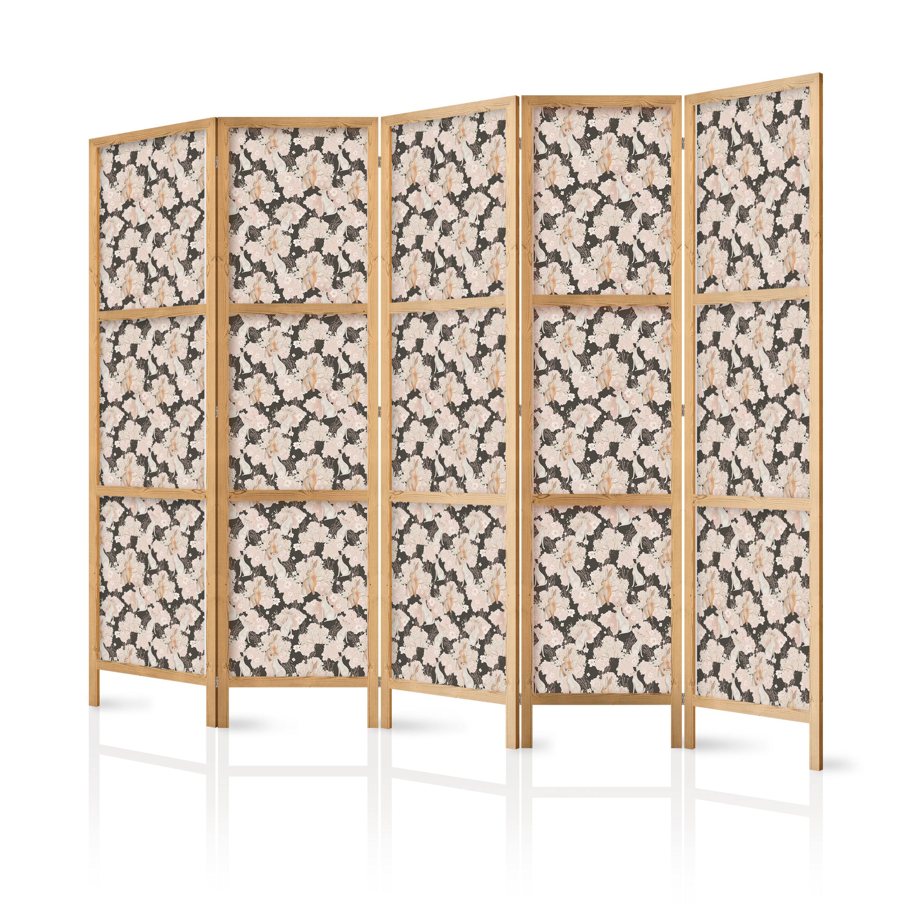 Japanese Room Divider - Floral 5-Panel Screen with White & Beige Rabbits