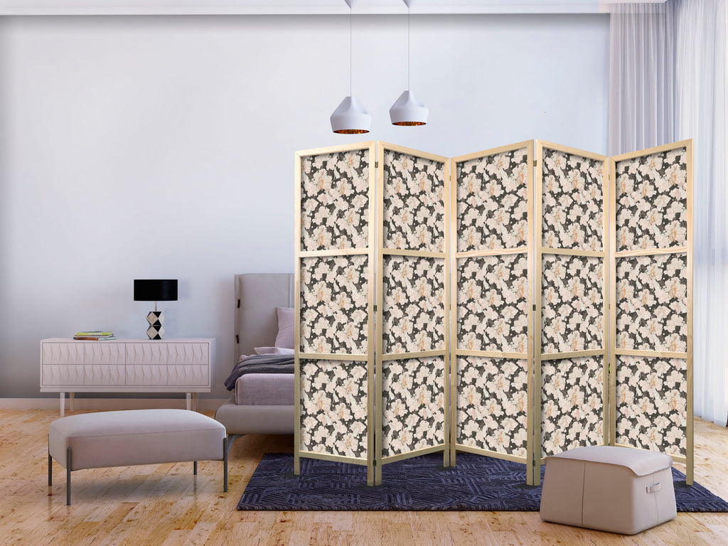 Japanese Room Divider - Floral 5-Panel Screen with White & Beige Rabbits