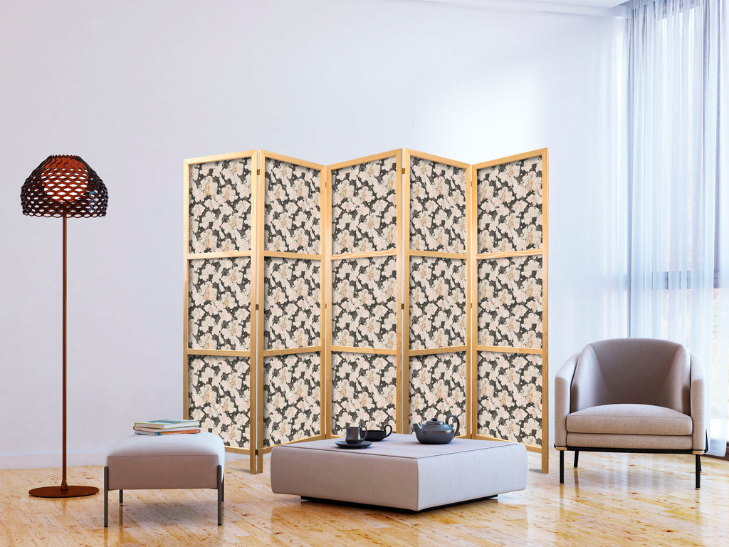 Japanese Room Divider - Floral 5-Panel Screen with White & Beige Rabbits