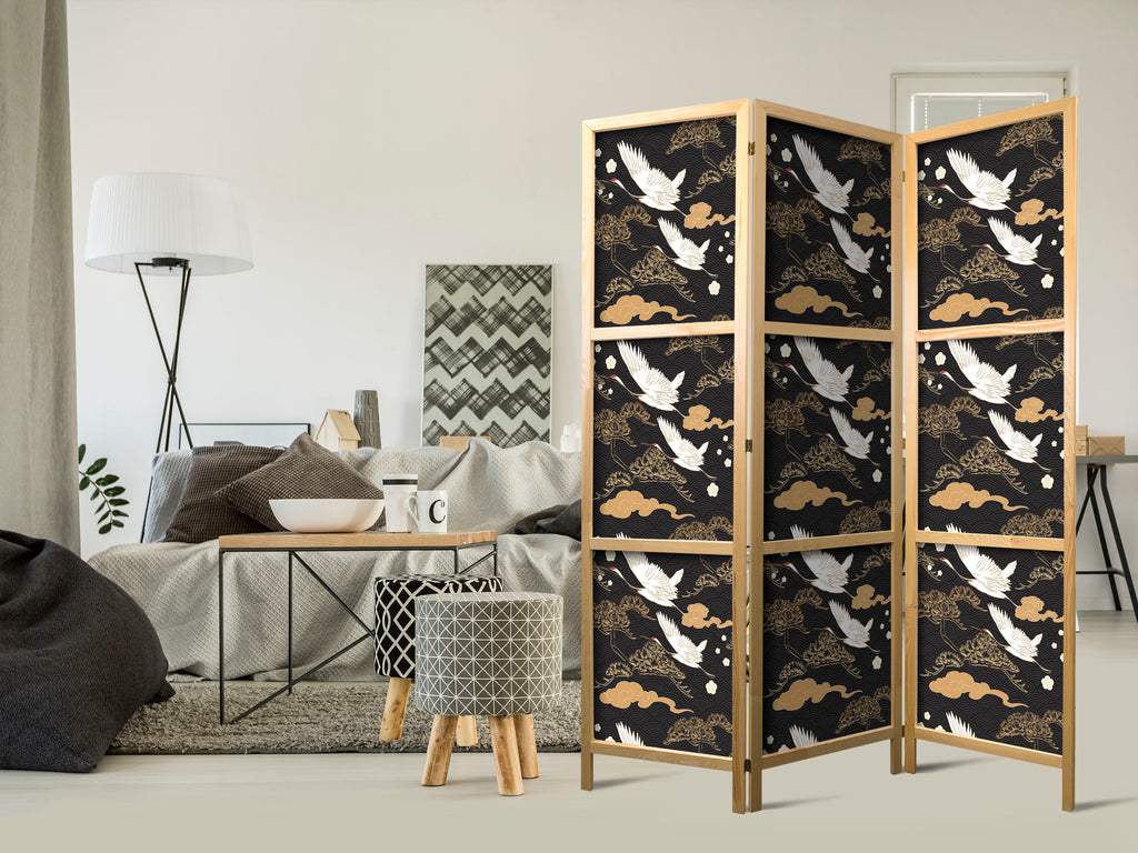 Flying Cranes Dark 3-Panel Japanese Room Divider