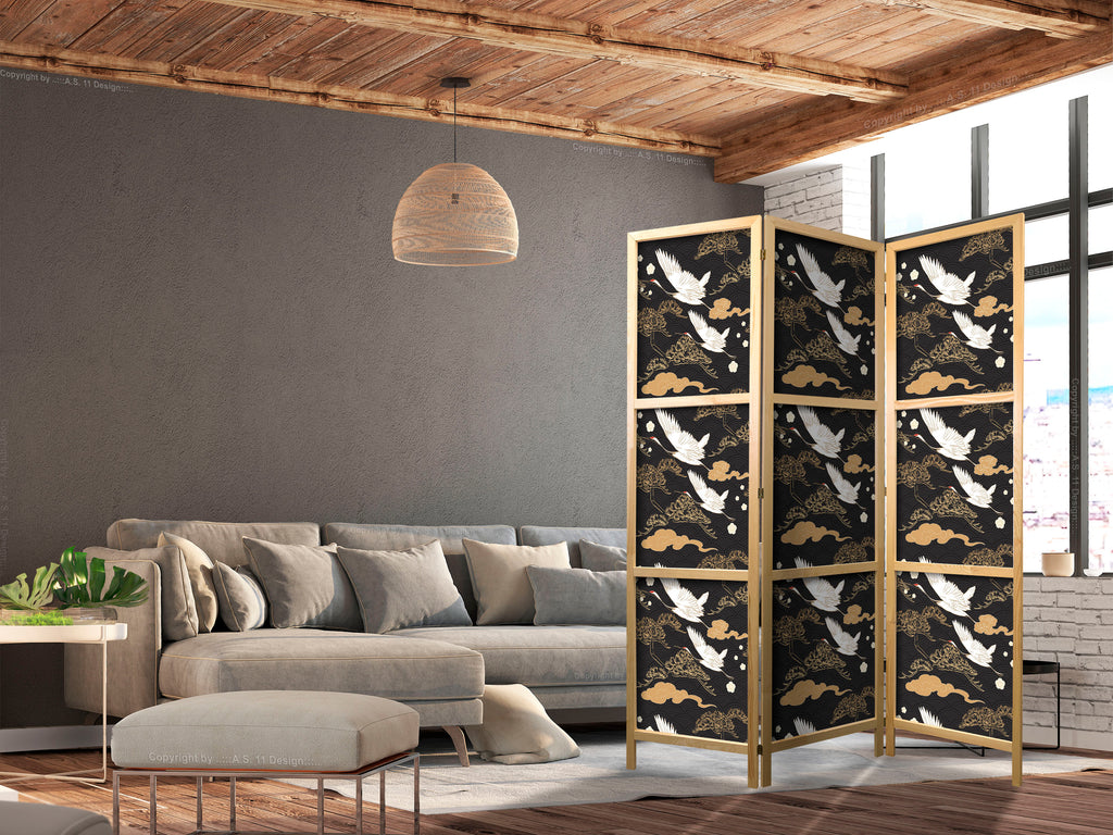 Flying Cranes Dark 3-Panel Japanese Room Divider