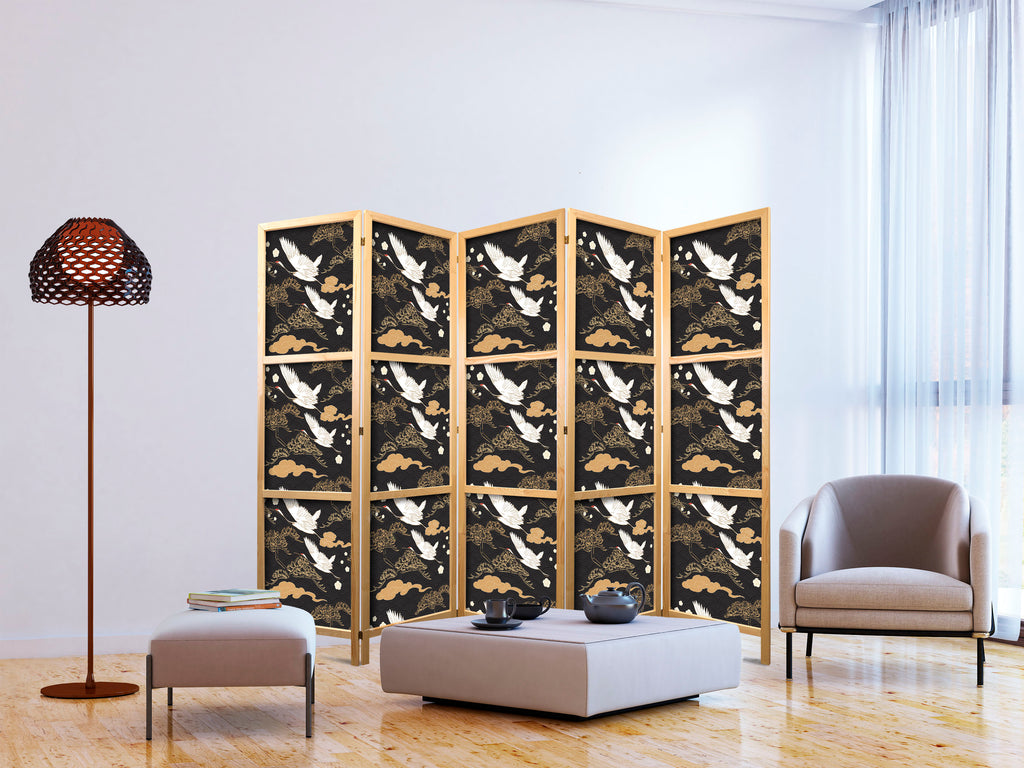 Flying Cranes Dark Pattern 5-Panel Japanese Room Divider